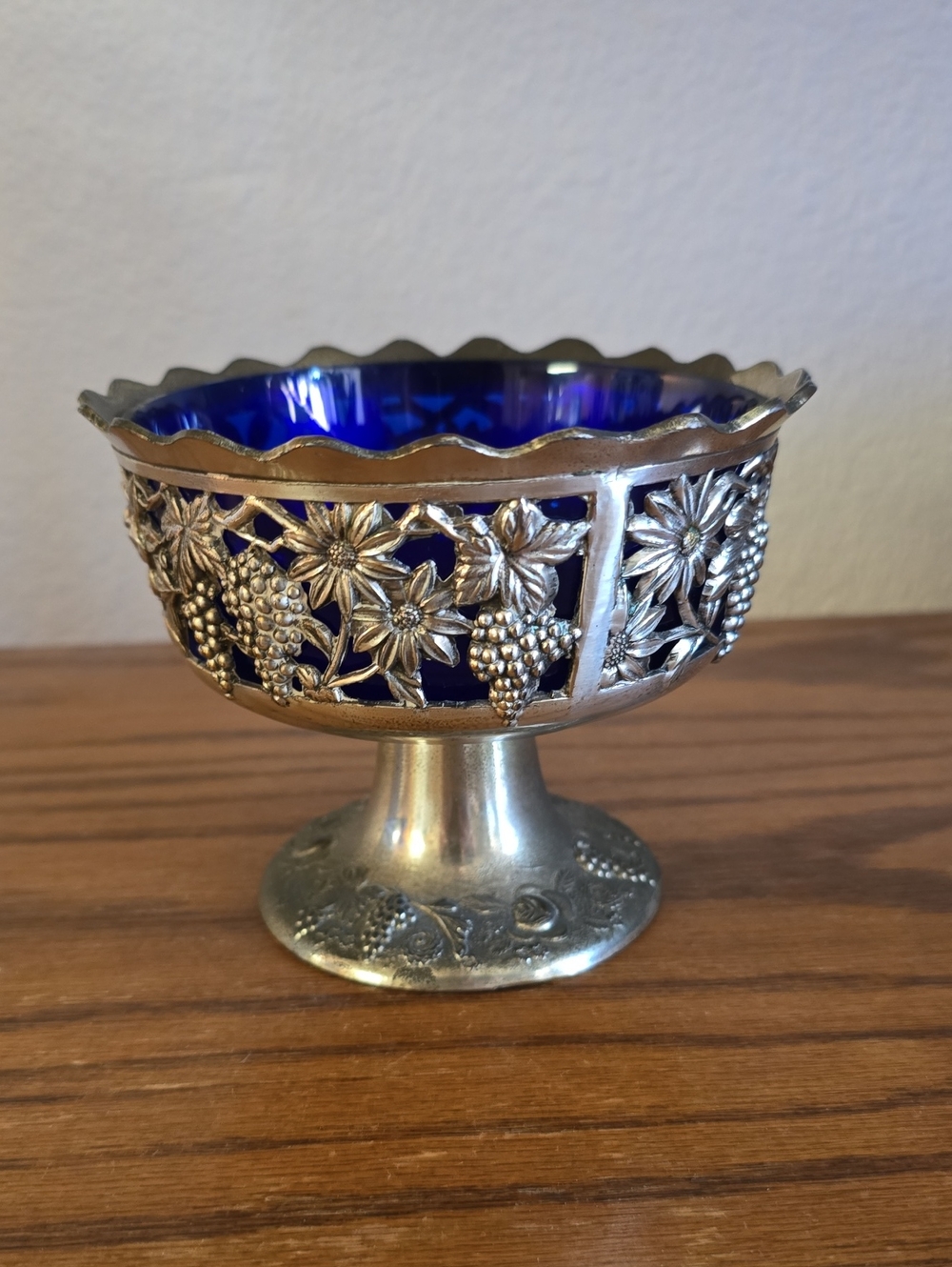 Made In China Blue Glass Compote with Silver Floral Filigree Tote 11